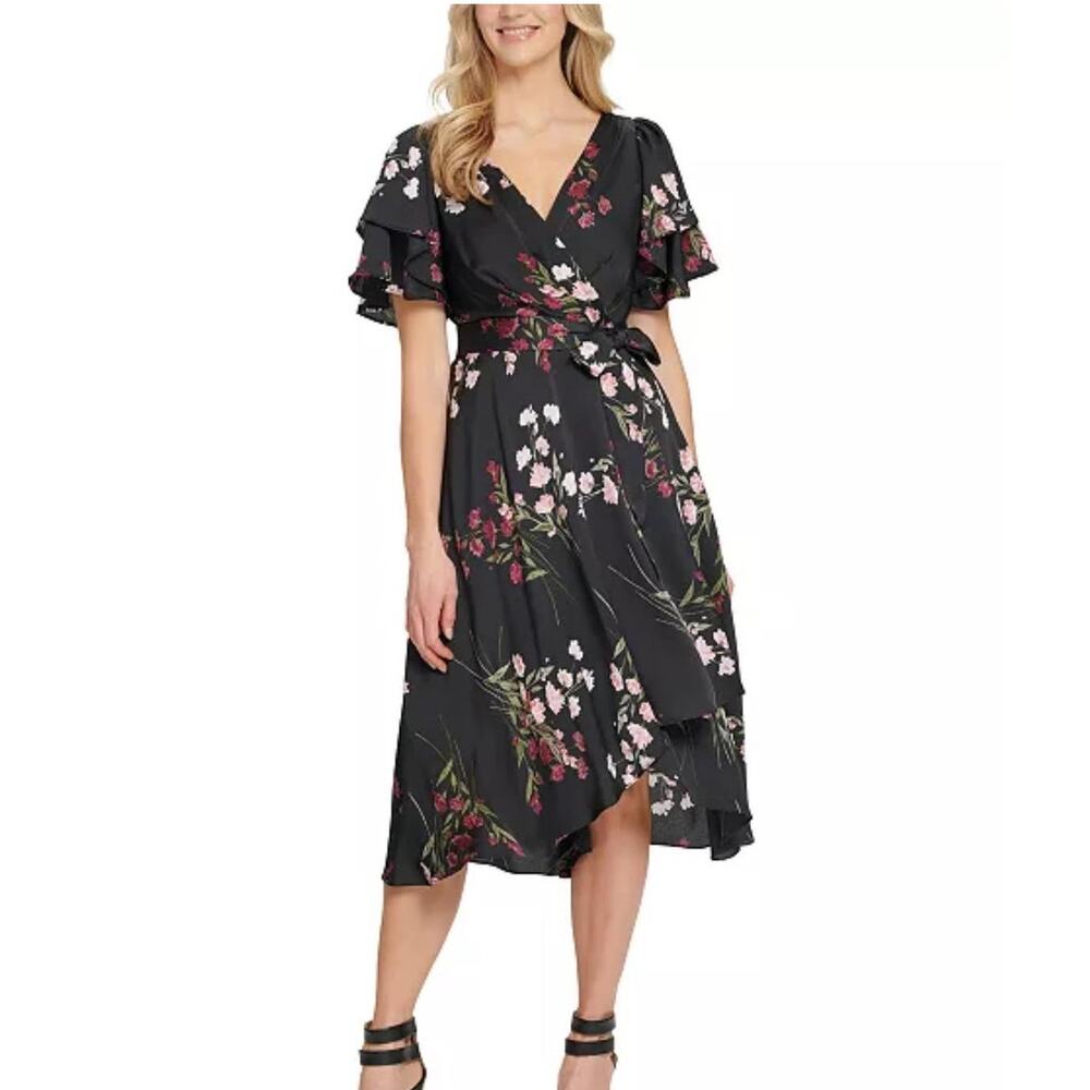DKNY Size 6 Floral Faux Wrap Dress Belted Asymmetric Ruffle Hem NWT